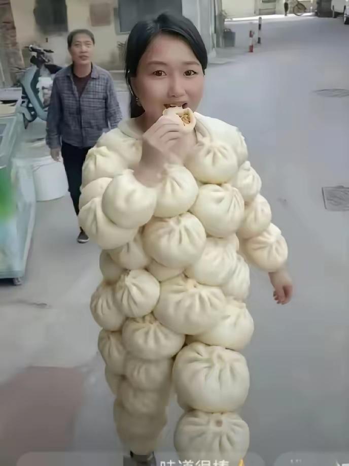 包子铺开业了，女老板把蒸好的大包子串成一串绑在身上，嘴里面吃着包子，香气扑鼻，这