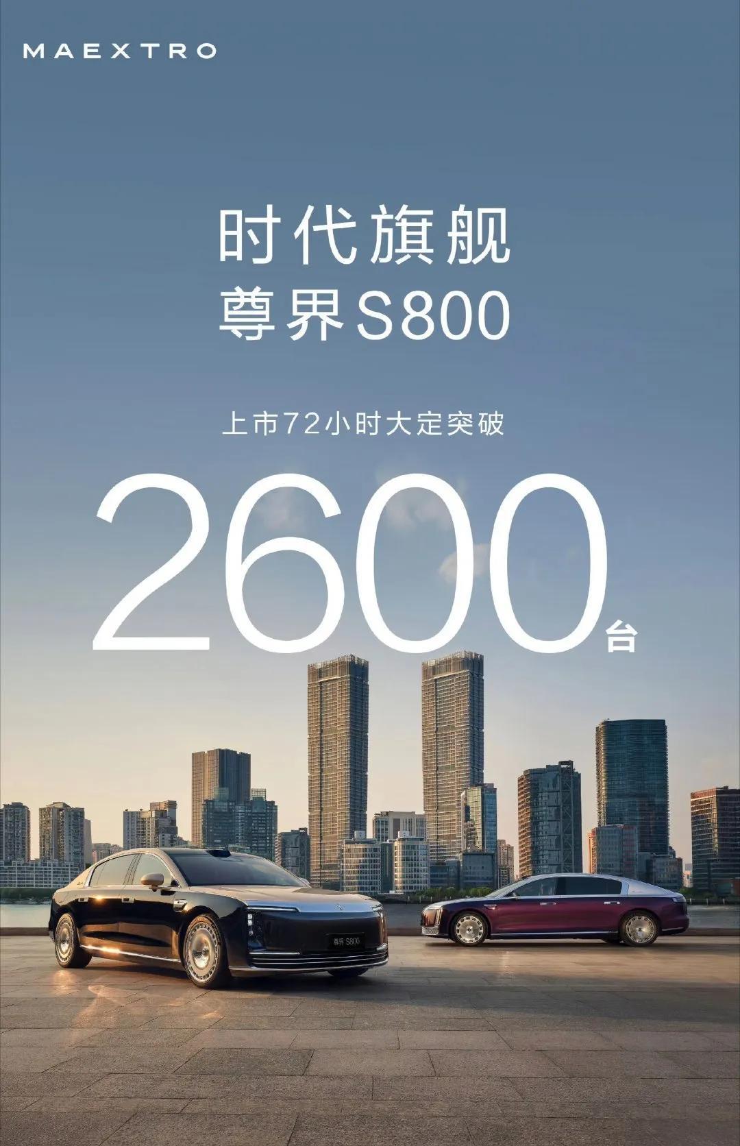 尊界S800今天大定订单又增加500辆，进账5个小目标，72小时累计大定2600