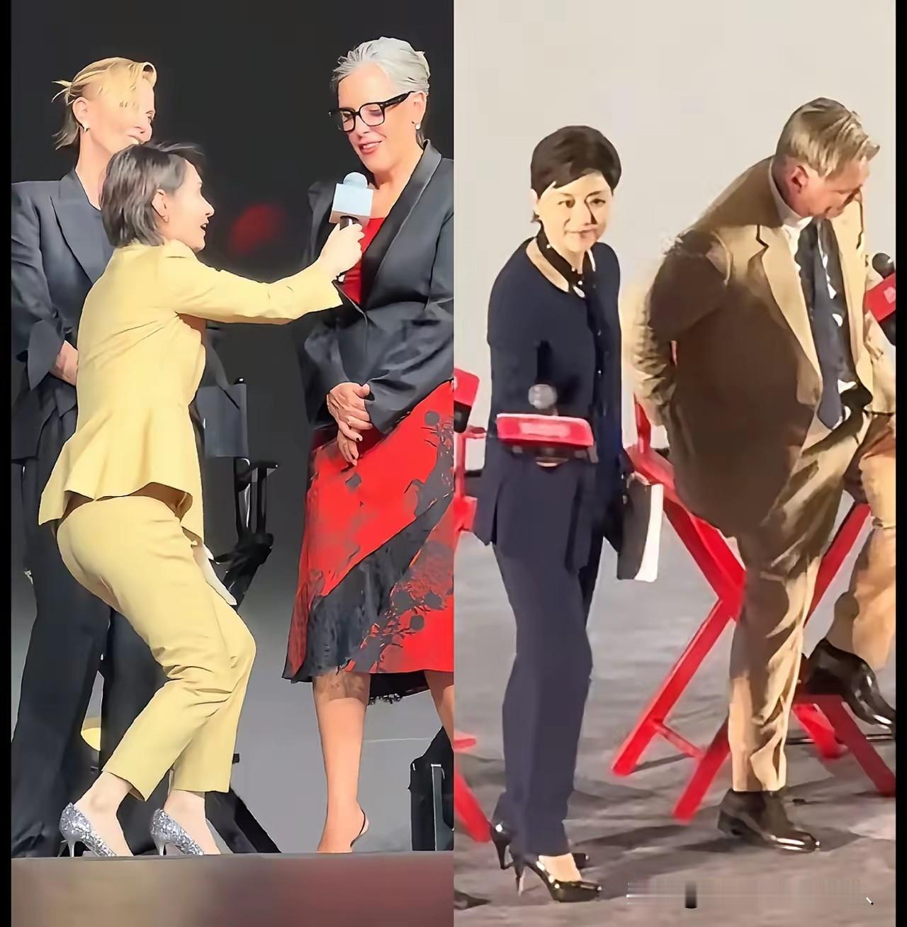 陈璇半蹲送话筒很专业啊，着高跟鞋加强了身体S形，脚很受伤，但人很快乐。
