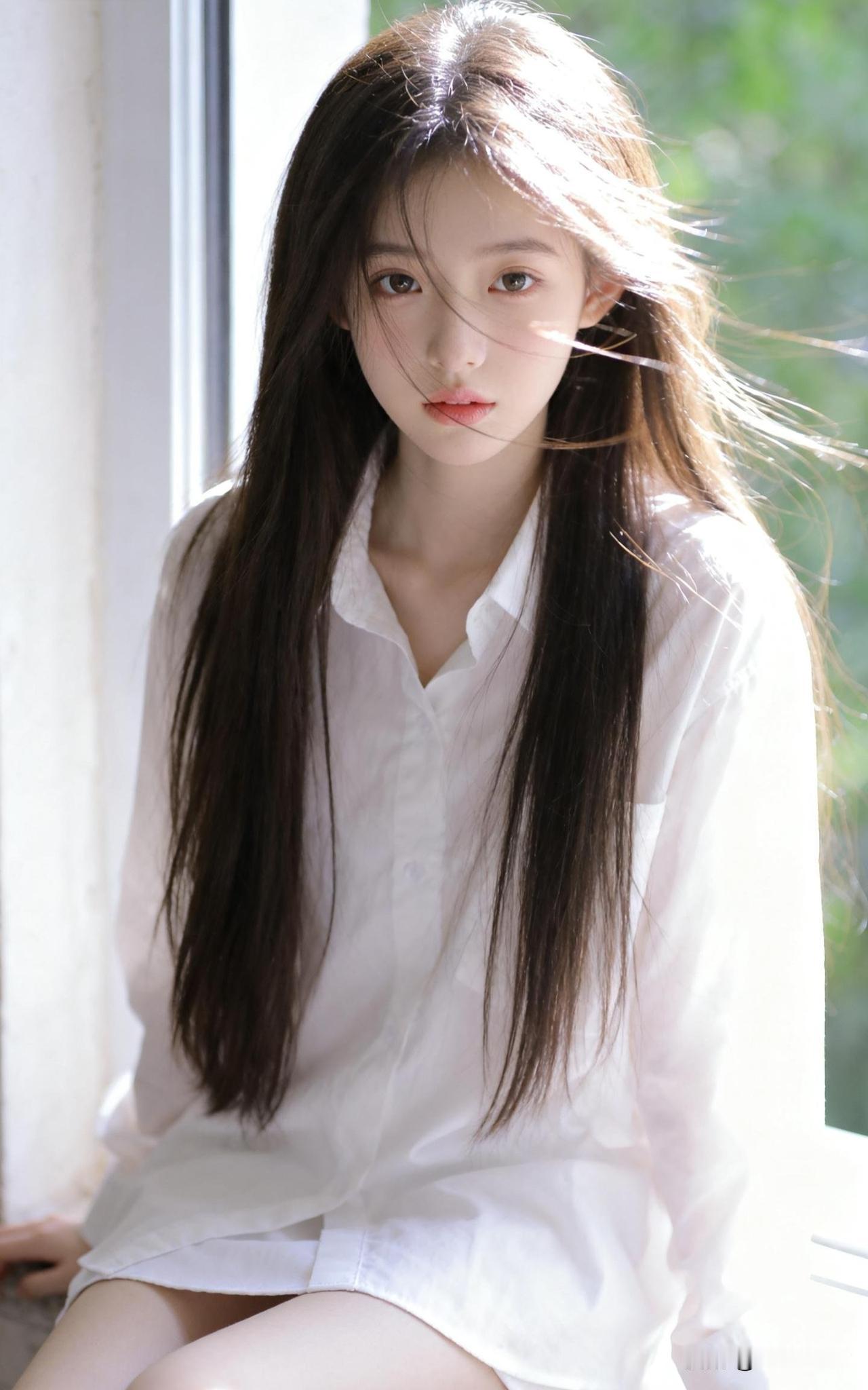 阳光洒进来的午后，少女静坐窗边，微风轻拂发梢，宁静而美好。