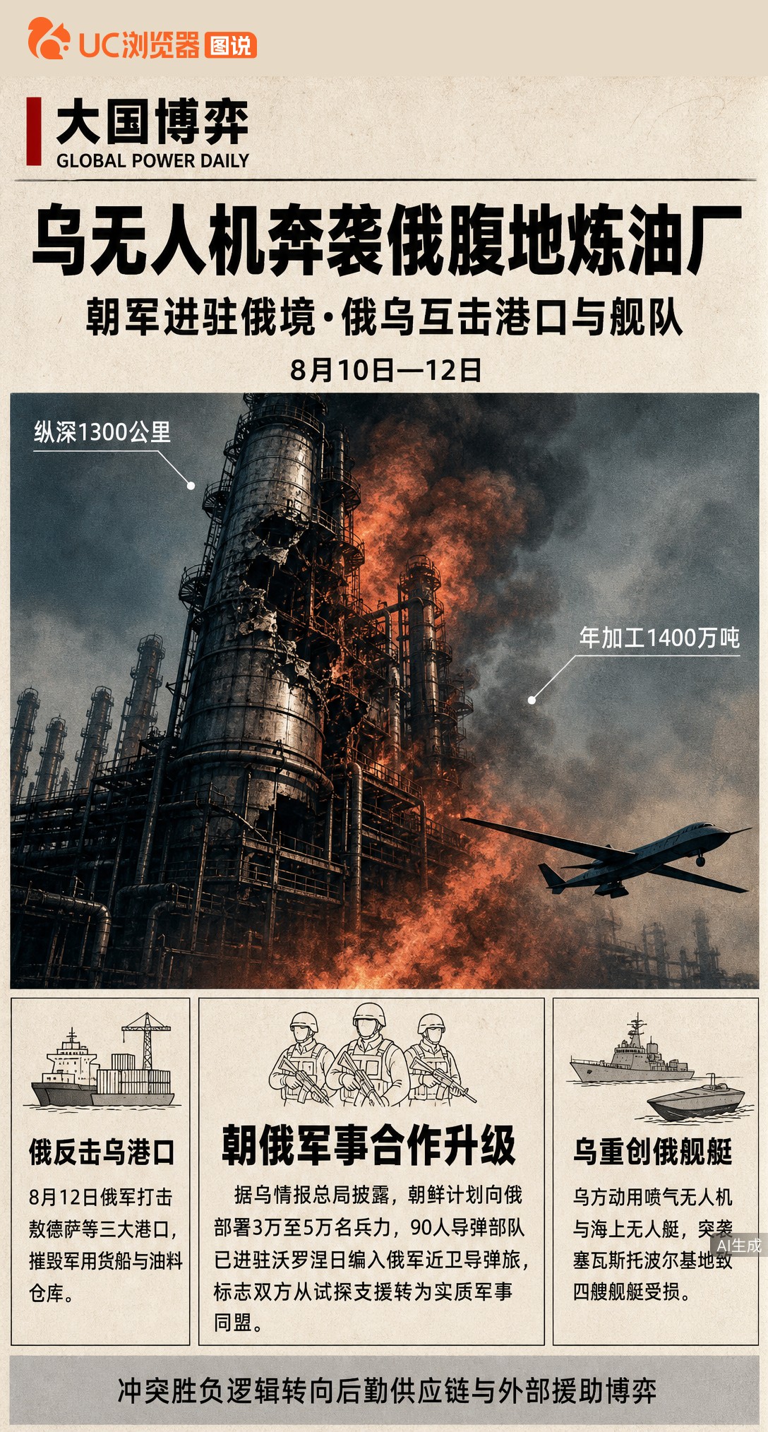 乌军无人机奔袭1300公里炸瘫俄炼油厂，朝鲜随即被曝拟派数万兵力驰援。俄方反击已启动，这场仗正从拼前