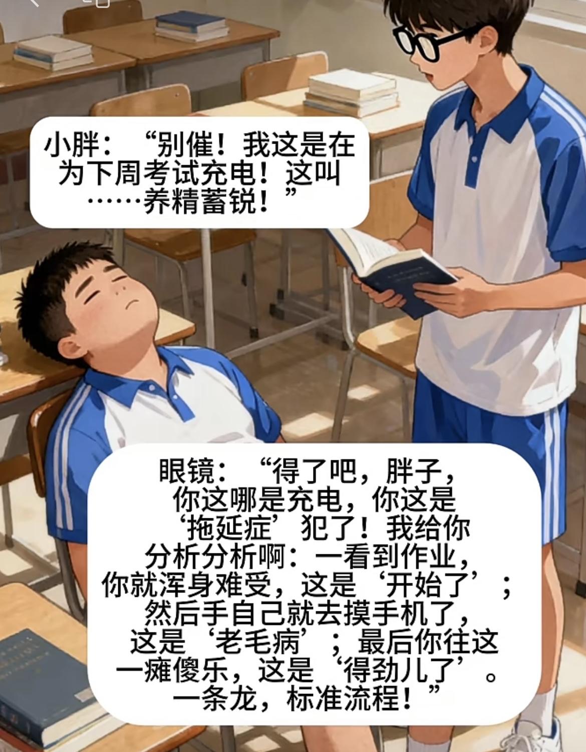 “别催了，我这是为下周考试充电，叫做养精蓄锐”[吃瓜]“别扯了，分