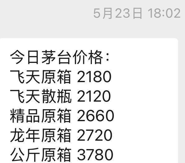 一个做酒的朋友，今年5月份发来茅台价格，彼时飞天卖价2180元/瓶；5个月后的1