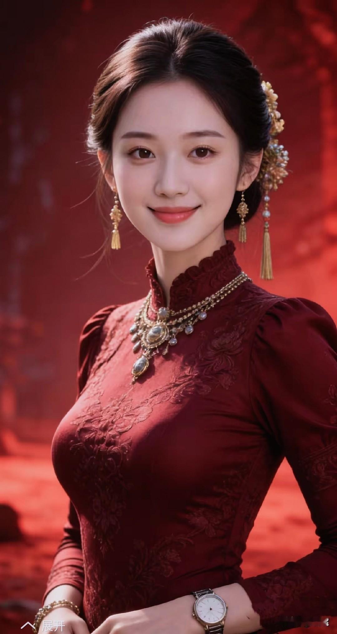 中国服饰，传统文化酒红旗袍，锦缎纹路立领颈高，柳丝纤柔出水芙蓉，亭亭玉