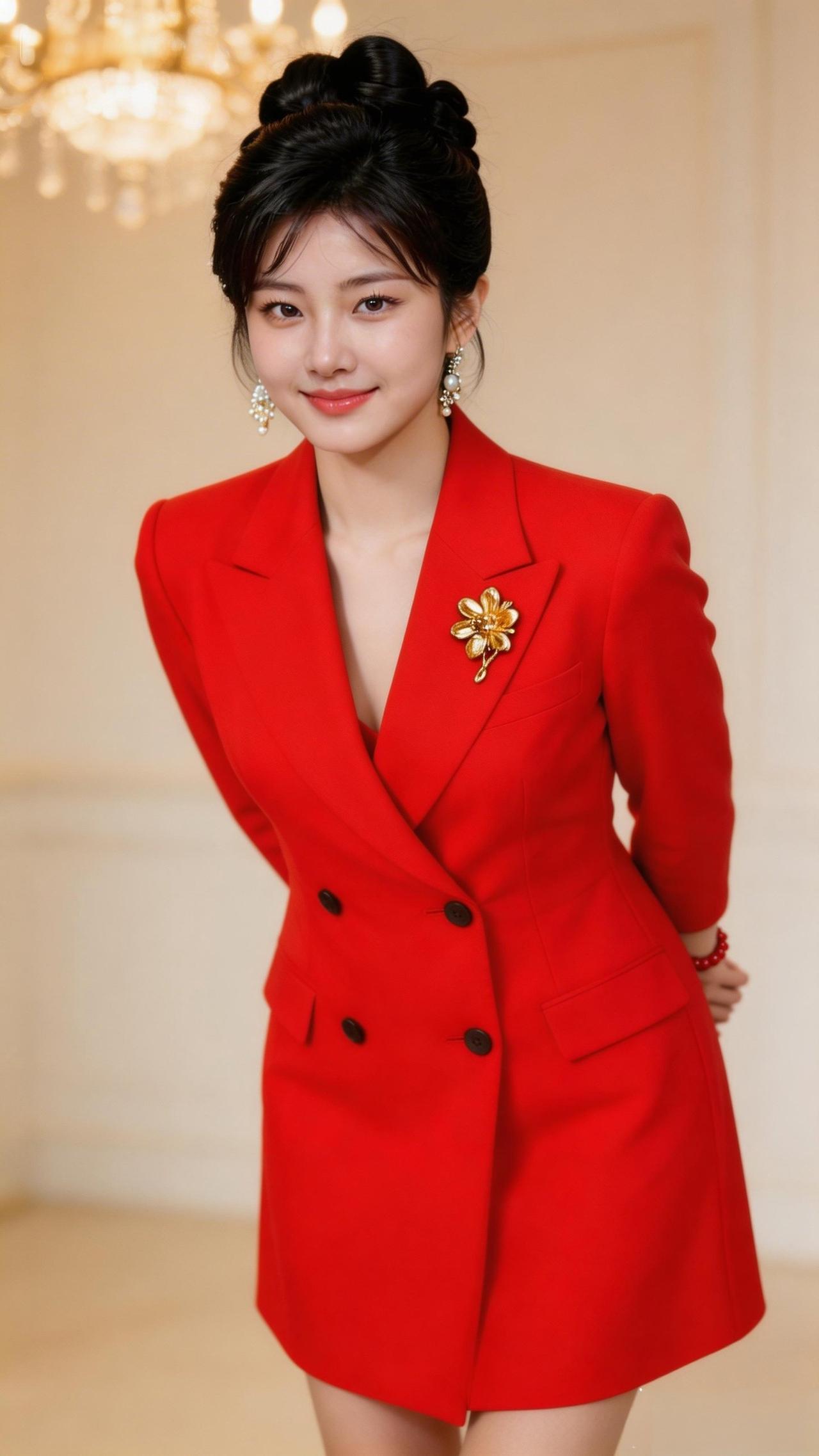 优雅红衣少女，自信微笑，时尚大方！