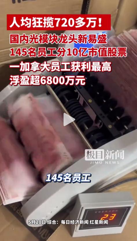 太燃了！5月19日，新易盛一纸公告，让145名员工集体“中了彩票”：16.17元