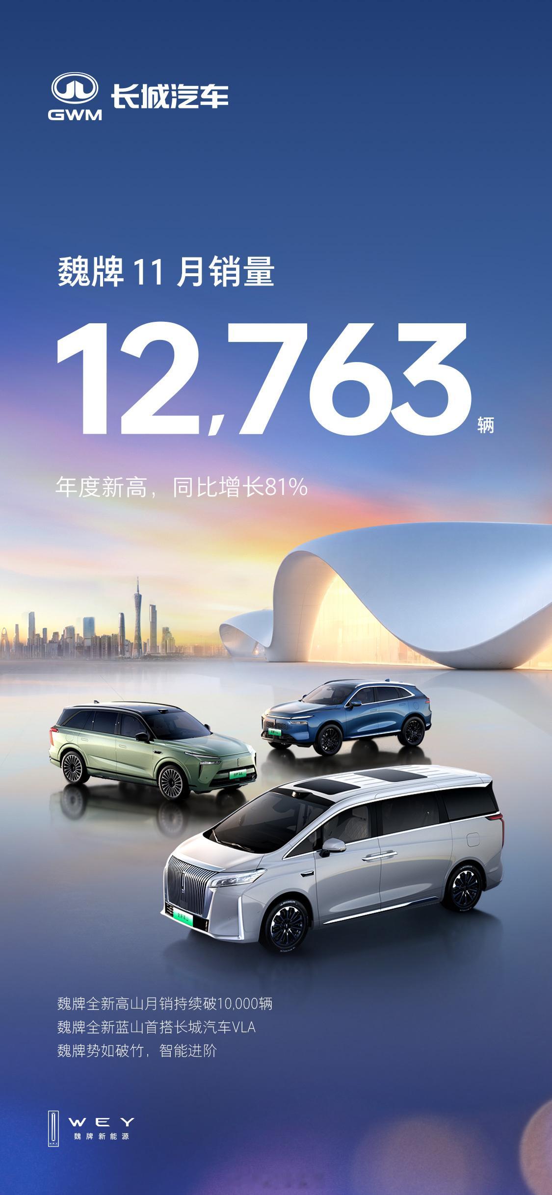 魏牌厉害的，11月销量12,763辆，同比增长81%，已连续五个月销量破