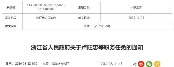 浙江省人民政府关于卢旺忠等职务任免的通知