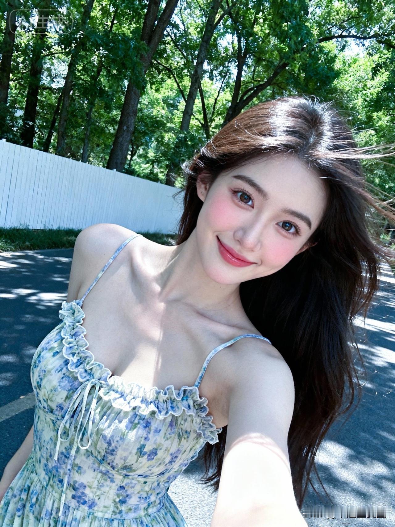 阳光下的甜美少女，花裙飘逸，微笑动人