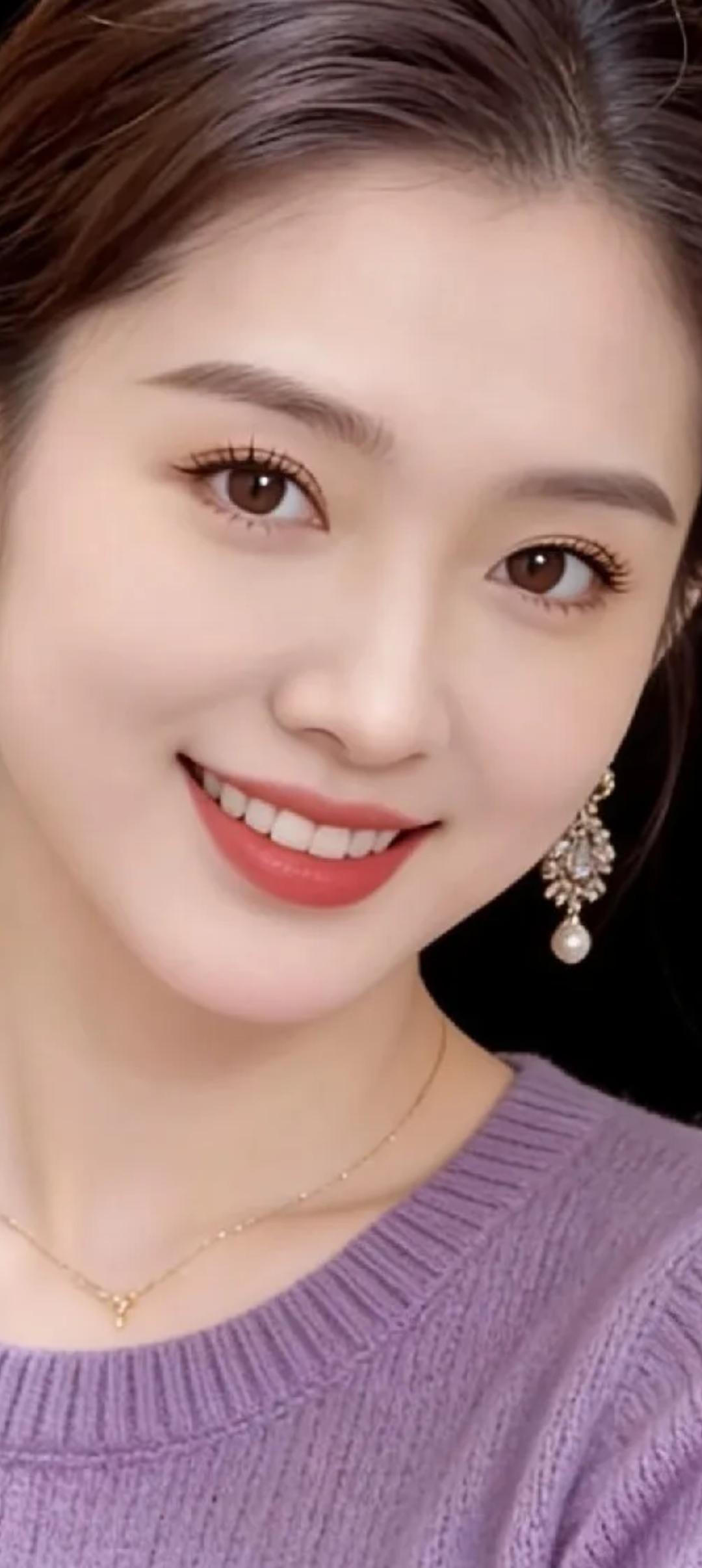 温柔微笑，优雅气质，紫色毛衣与金色项链的完美搭配，尽显女性魅力！