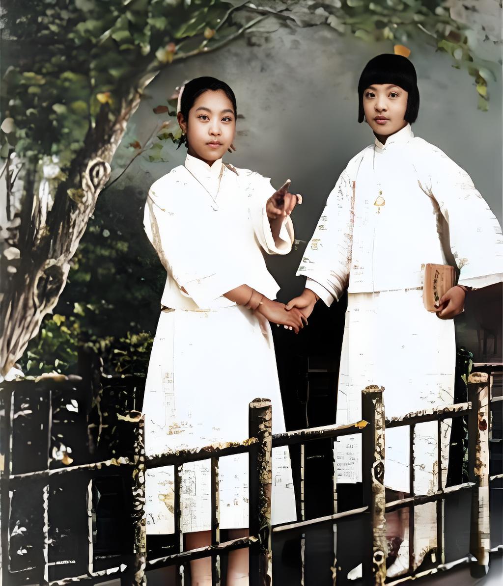 照片中两人是姚玉兰（右，持书者）与姚玉英（左，手指前伸），她们是民国戏曲演员