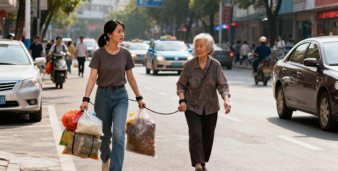 一个男人发了一个自己媳妇的视频视频里媳妇两手都拎着东西，手腕上系着一根牵引绳，