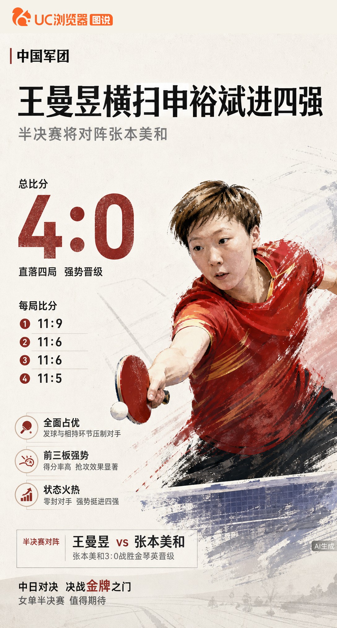 王曼昱4-0横扫申裕斌挺进亚运女单四强，发球抢攻全面压制。半决赛将对阵张本美和，这场中日对决关乎金牌