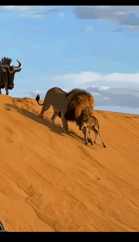 狮子大意失猎物，反被角马爸爸顶成重伤一头几百斤的狮子叼着小角马，慢悠悠想找