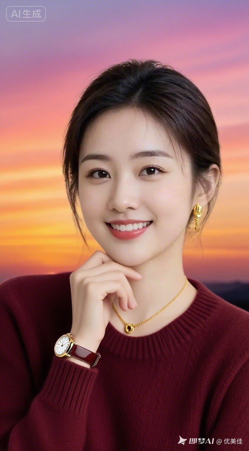 东方美女清新精致，眉眼舒展，微卷中发温婉。酒红羊毛衫配棕带限量腕表、细项链与小金