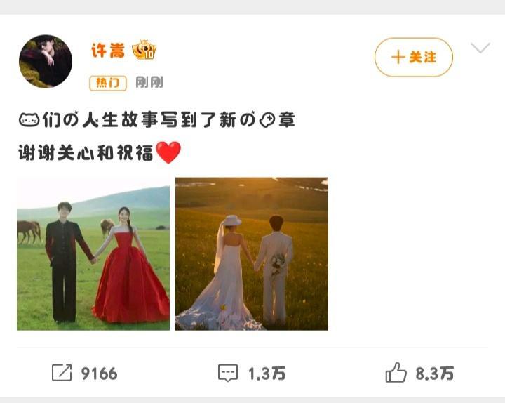 许嵩冯禧正式官宣结婚，相差14岁，许嵩冯禧所以和偶像结婚了，话题瞬间冲上热搜高