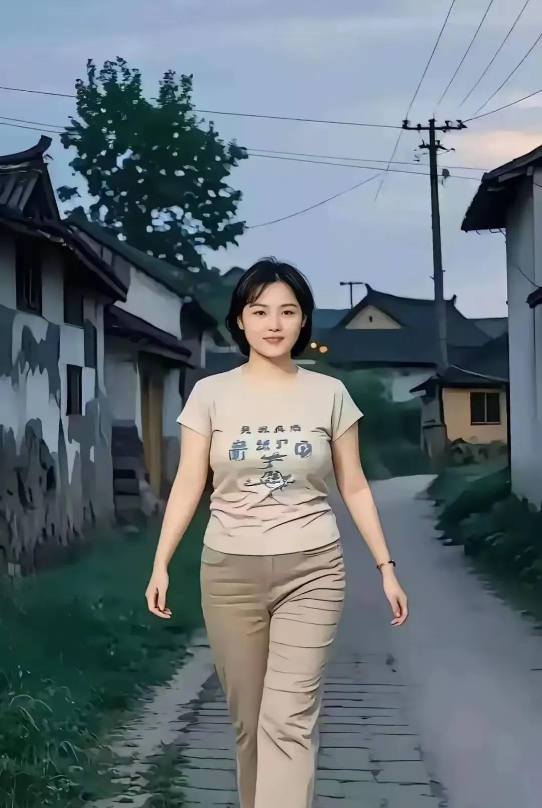 古巷丽人青板古墙藏旧忆，褐衫娇步踏霞晖。字符悄与幽巷语，人入画中时忘归。