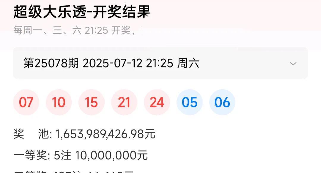 大乐透25078期开奖结果，250780710152124050