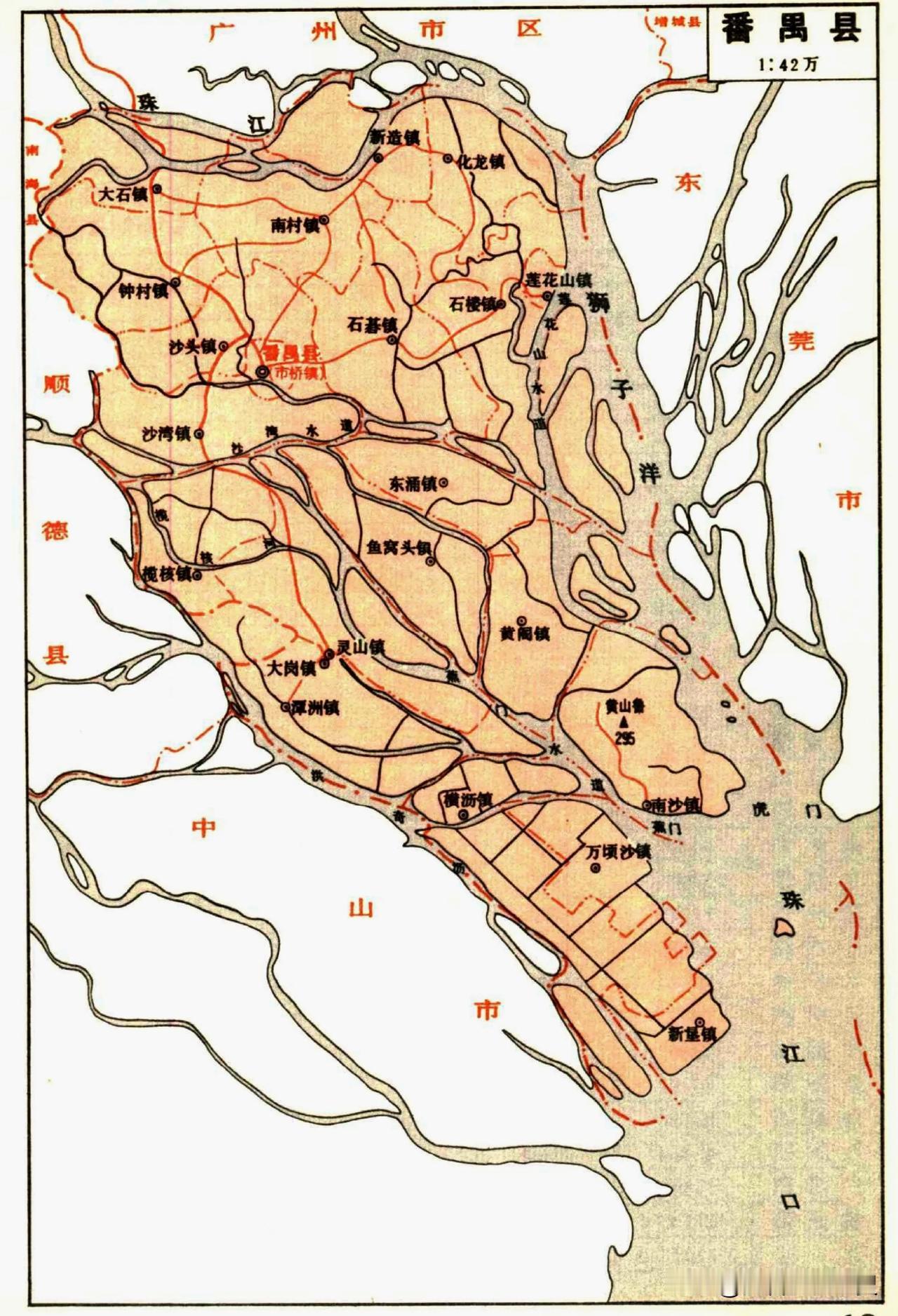 1986年广州市番禺县简图及区划基本情况表。番禺县当时下辖22个镇，总人口67万