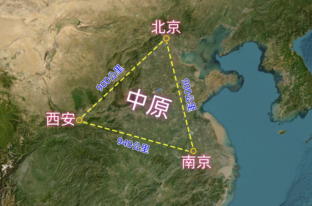 这个是中国历史地缘最重要的三角形:西安、北京和南京三大古都，三个顶点，联系四方