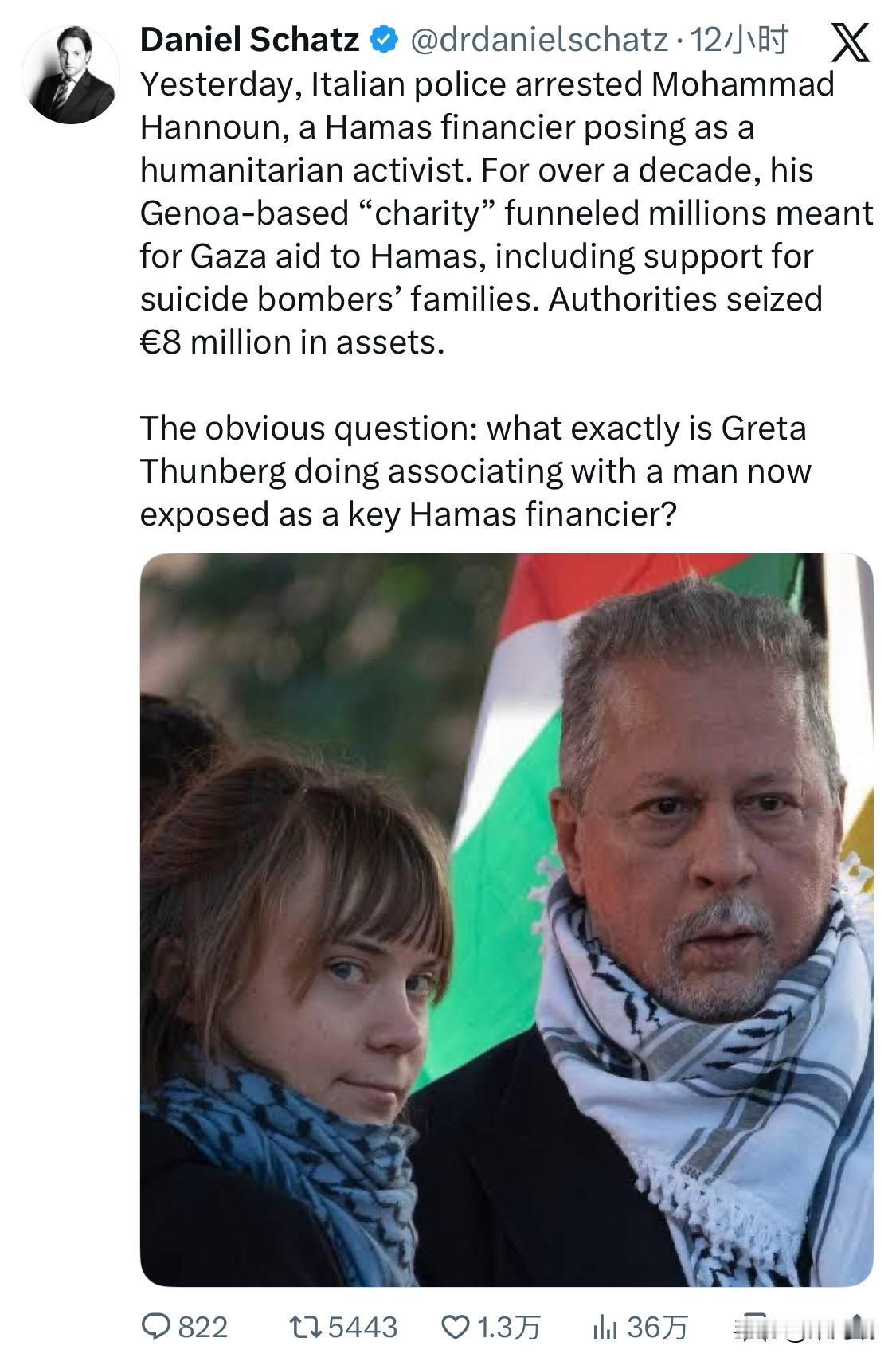 昨天，意大利警方逮捕了伪装成人道主义活动人士的哈马斯金主穆罕默德·汉努恩。十多年