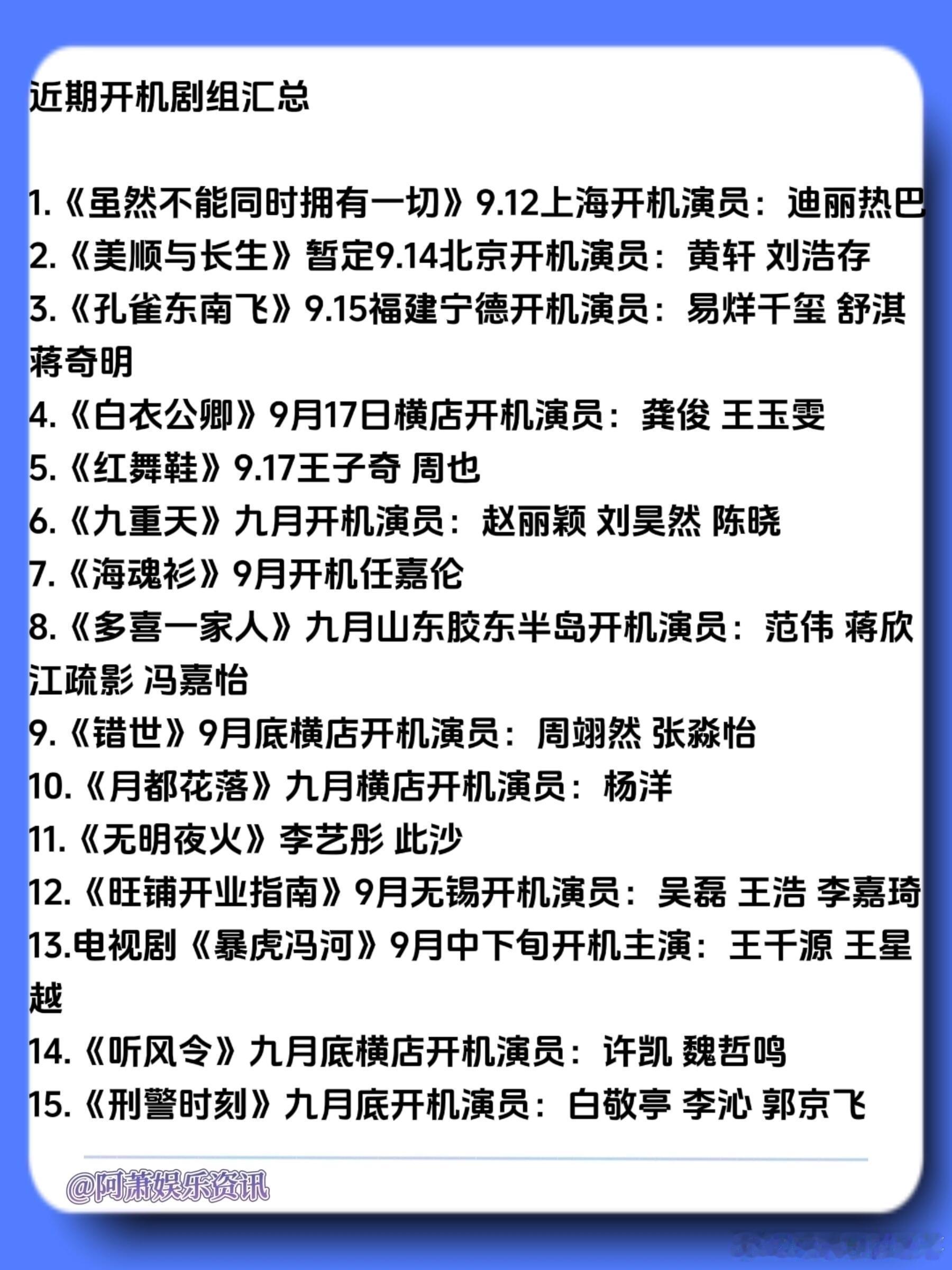 ‼️近期开机剧组汇总🔥1.《虽然不能同时拥有一切》9.12上海开机演员：迪丽热