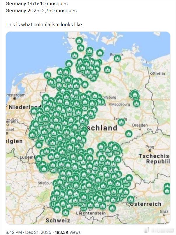 德国1975年：10座清真寺德国2025年：2750座清真寺这就是殖