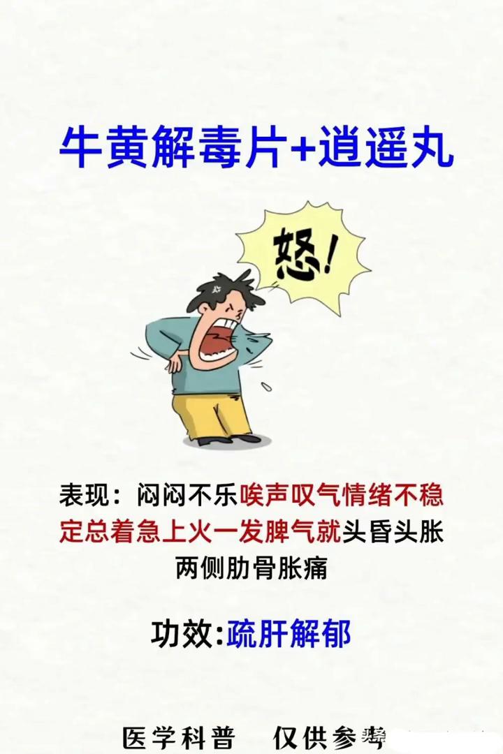 牛黄解毒片+六味地黄丸。·怒！表现：闷闷不乐、唉声叹气、情绪不稳定、总着急上火