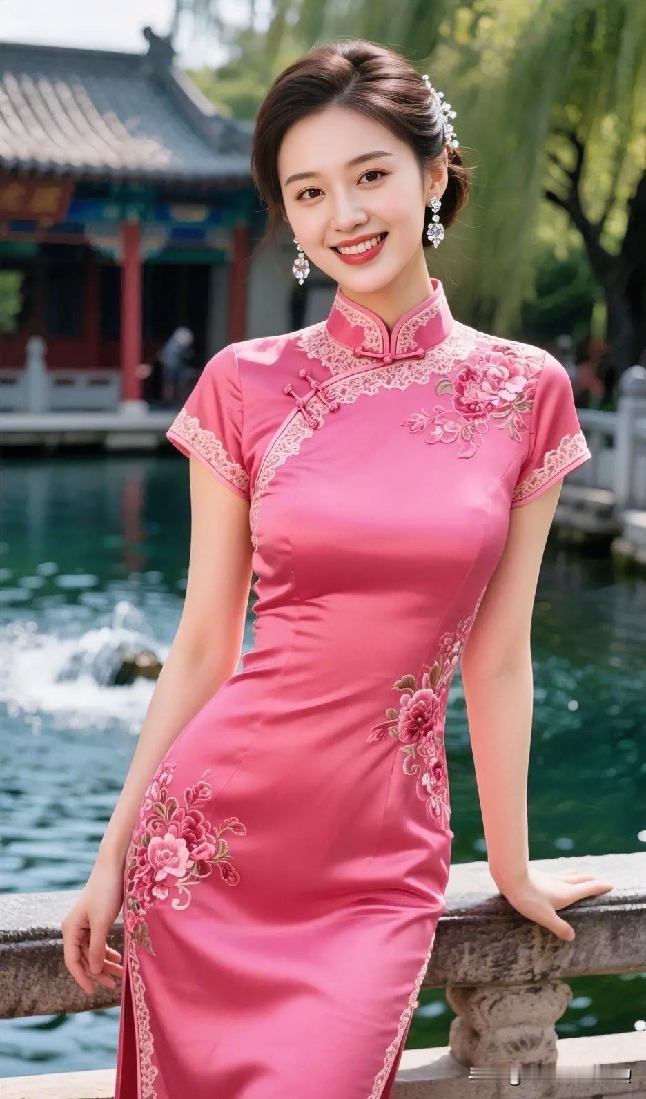 粉缎旗袍绣精致繁花，倚石栏临碧水，古典园林间，温婉笑靥尽显东方雅致。