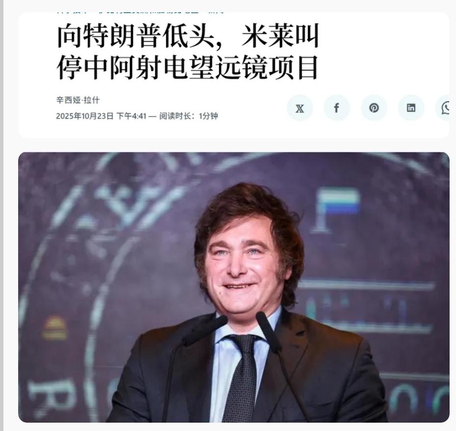 损失惨重！10月23日消息，阿根廷总统哈维尔·米莱暂停了中阿已经做了十年的射