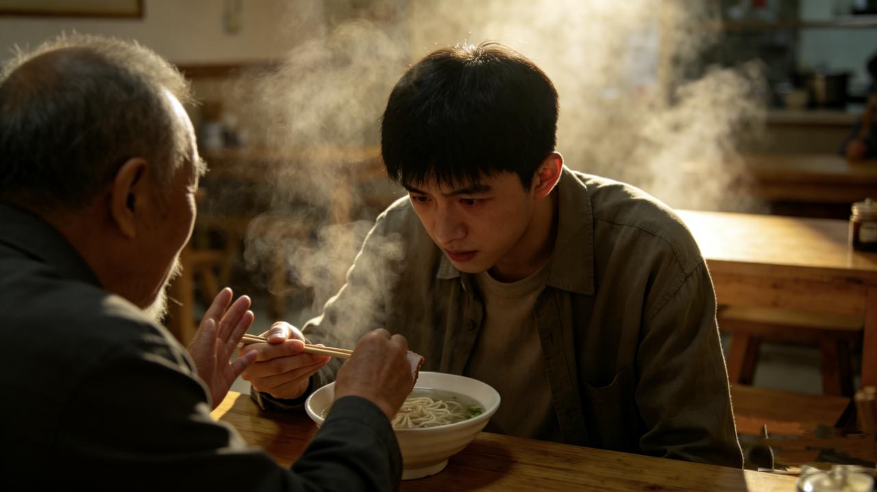 面馆里，一个男人要了碗最便宜的清汤面。吃了一半，他接了个电话：“妈，吃了，牛肉