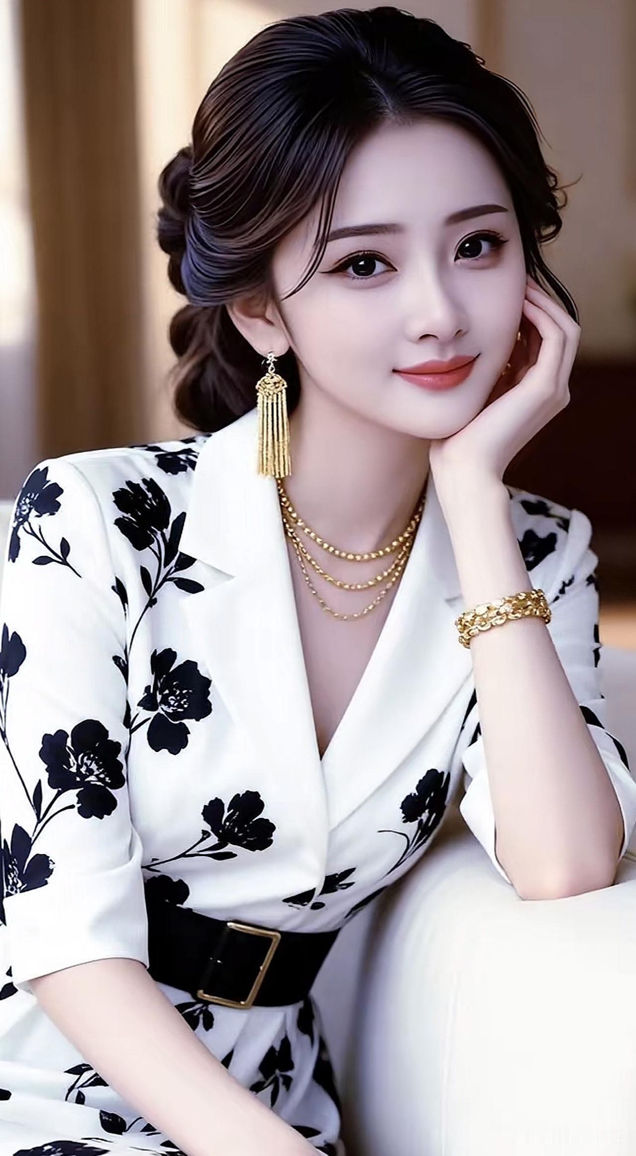 优雅气质，黑白花卉连衣裙搭配金色首饰，尽显时尚魅力！黑底金链连衣裙香槟黄连衣裙