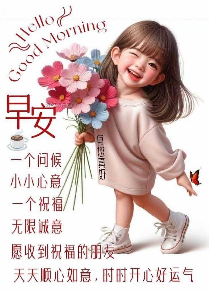 旭日初升洒清辉，鲜花朵朵映朝晖。女孩笑靥如花绽，轻盈脚步伴春归。蝴蝶翩翩