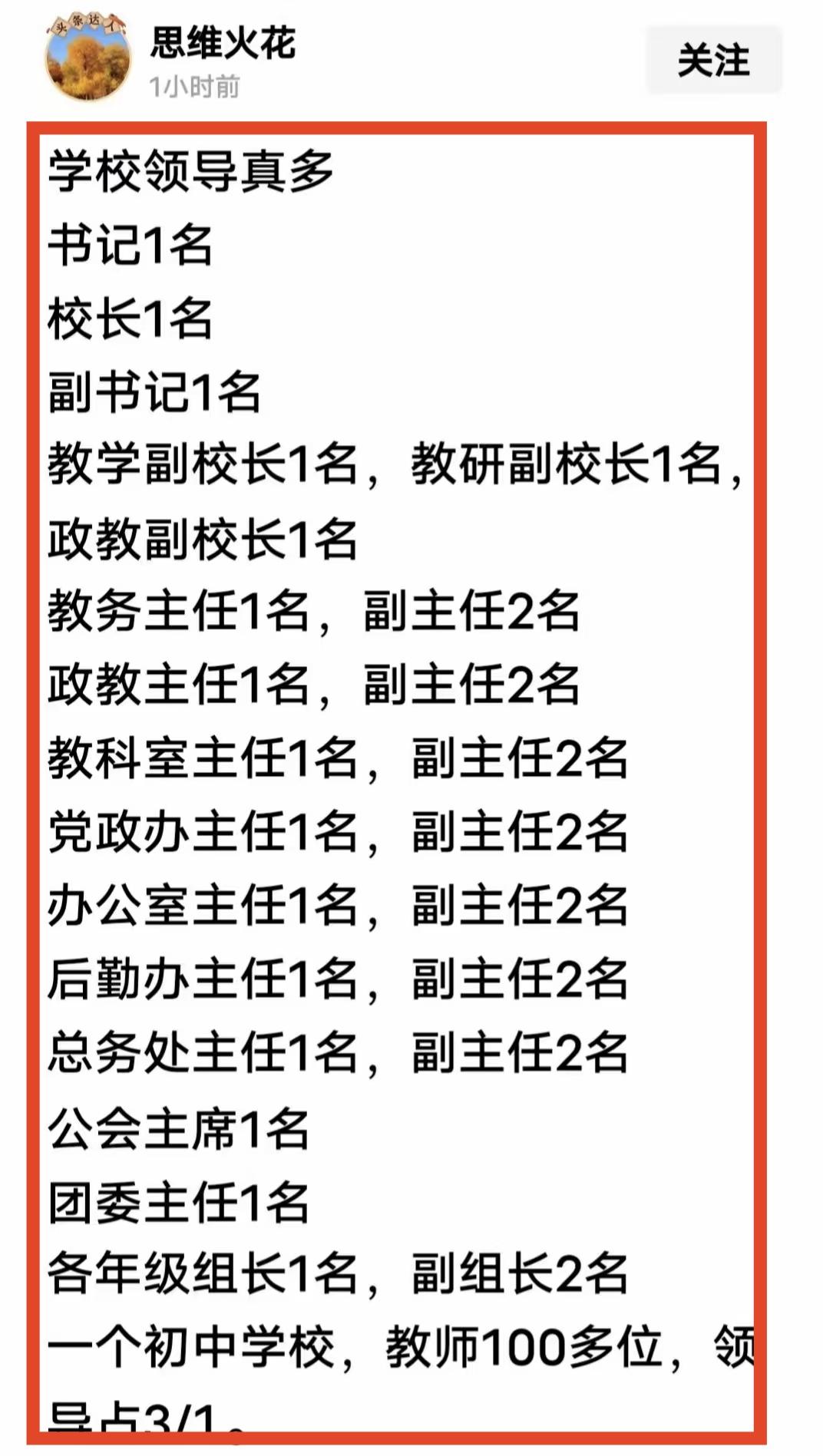 有网友发文吐槽，初中学校100多个老师，领导占了1/3，我觉得这个表格有一定夸张
