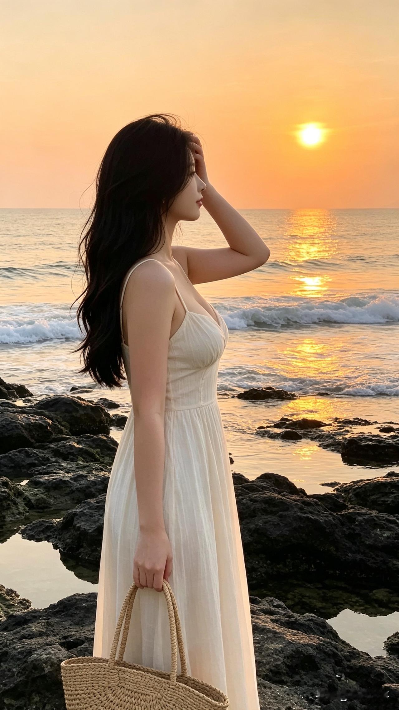落日漫过海面，将整片大海晕染成温柔的橘金色。女孩站在海边礁石之上，一袭米白色吊带