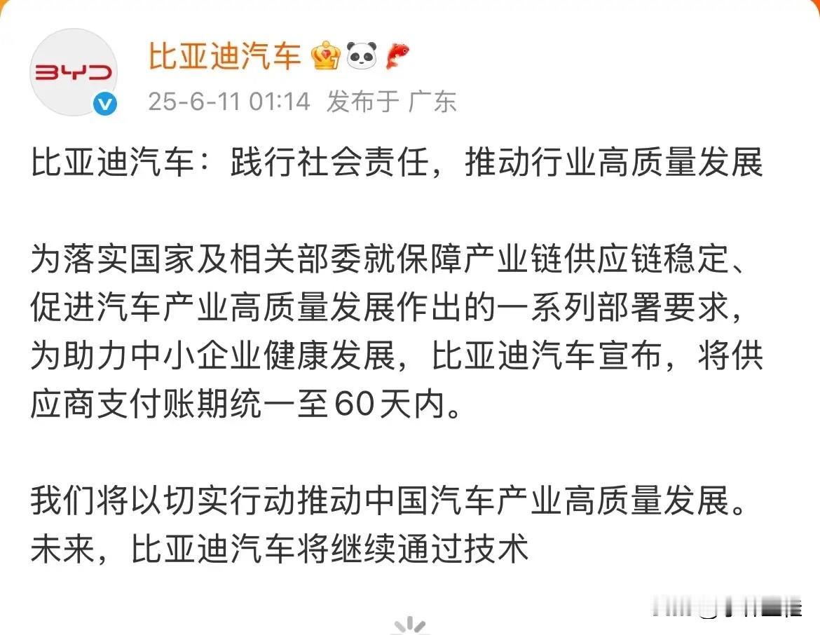 比亚迪：“践行社会责任，推动行业高质量发展，保障产业供应链稳定，比亚迪将供应商支