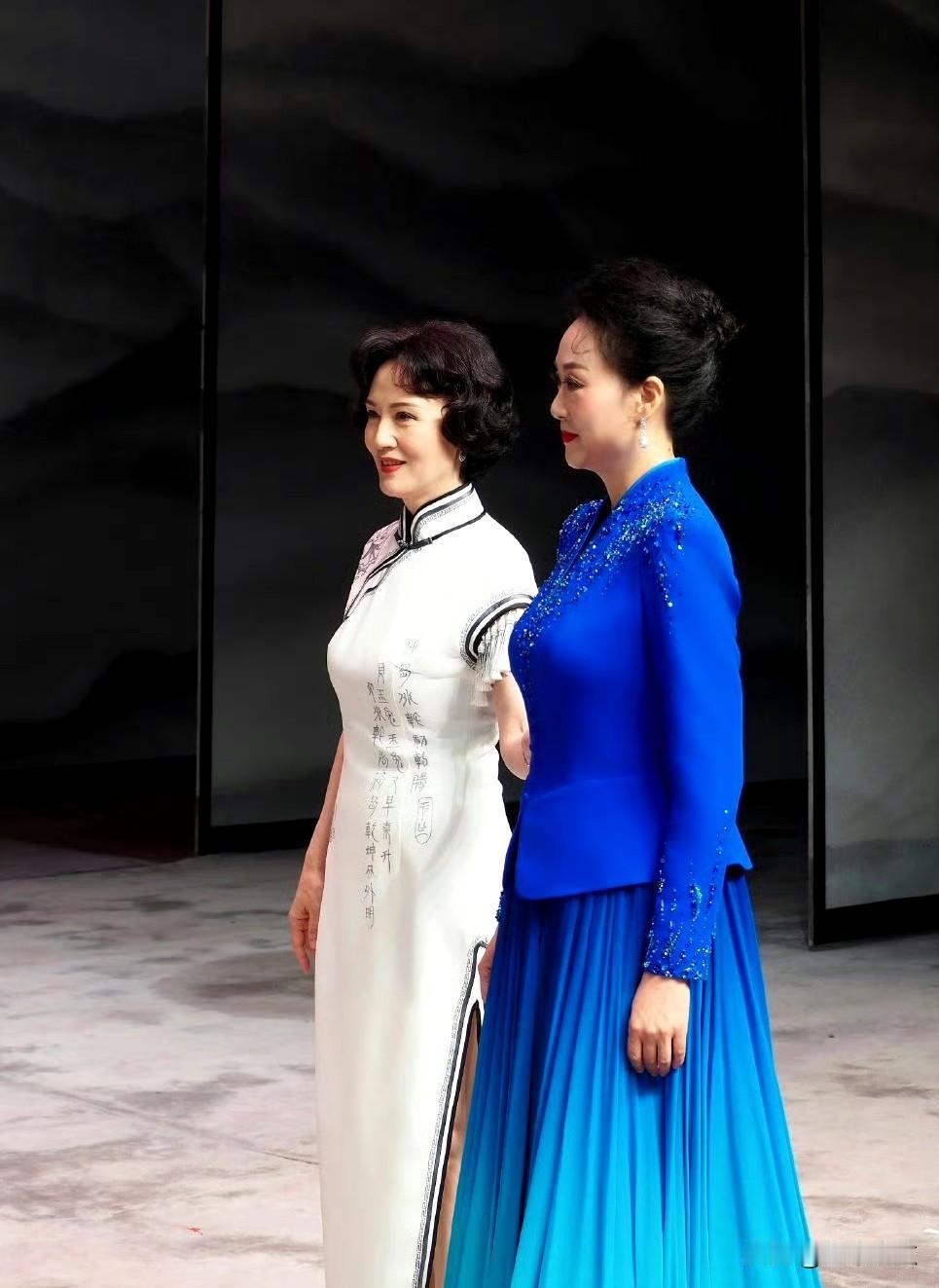 两位京剧名家并肩而行，她俩着装雅致，气质脱俗，同上舞台为观众献演京剧。