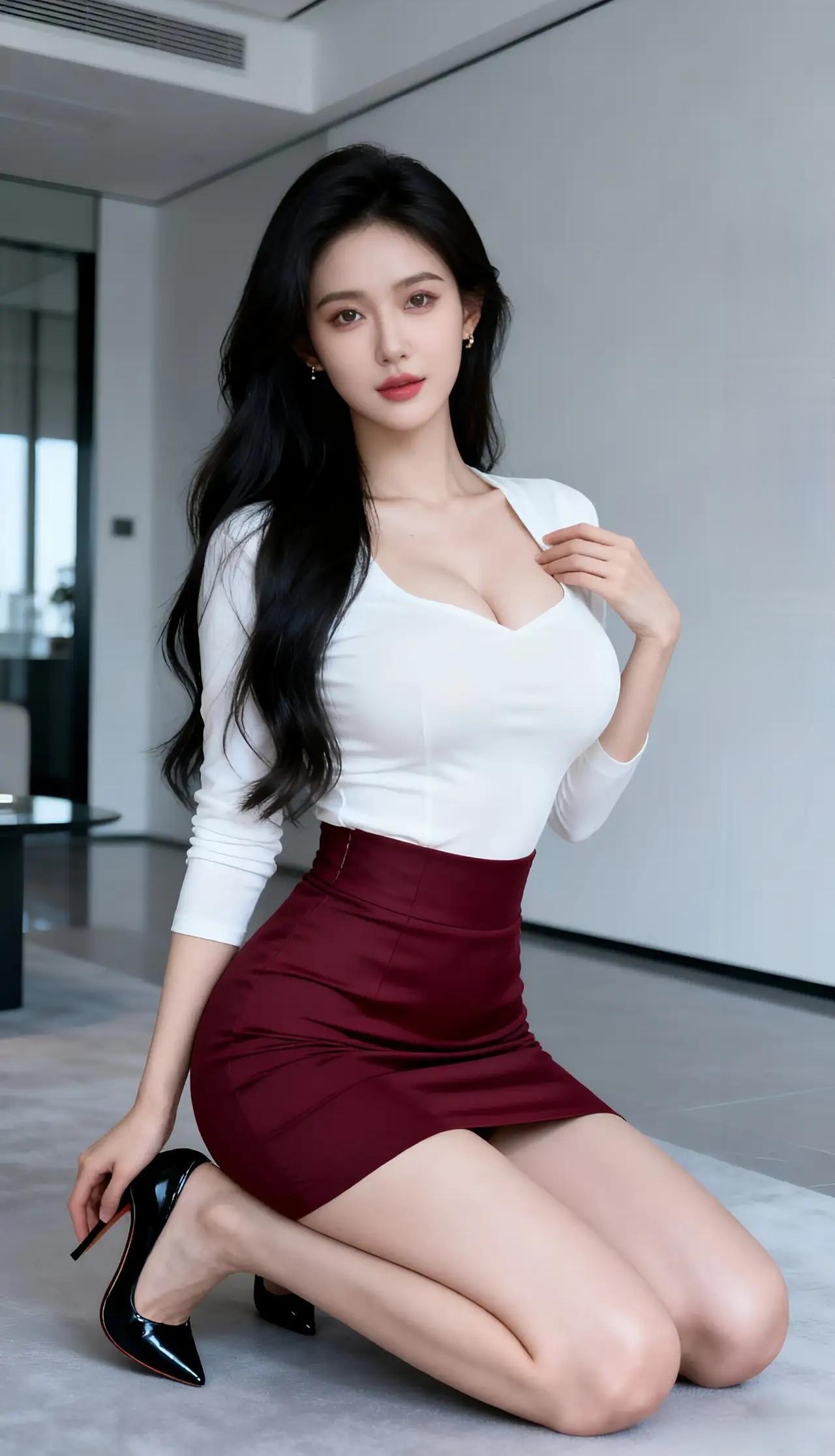 穿白衫红裙的漂亮姐姐跪着。