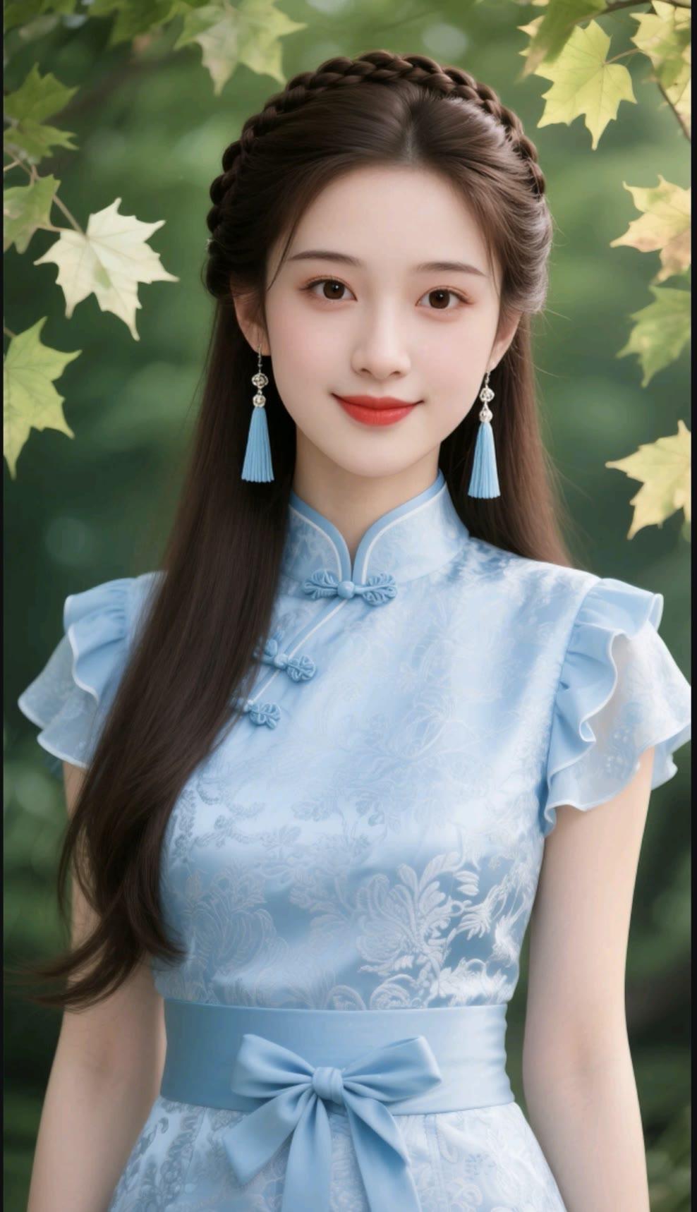 秋日仙气少女，蓝衣飘逸，叶间轻笑