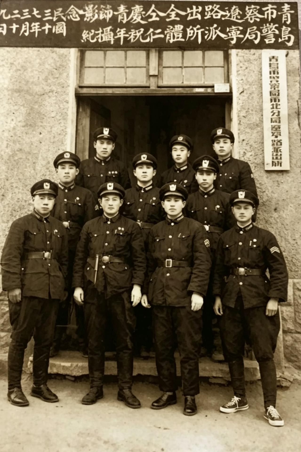 1948年3月29日，青岛市警察局辽宁路派出所全体同仁庆祝青年节摄影纪念，仔细看