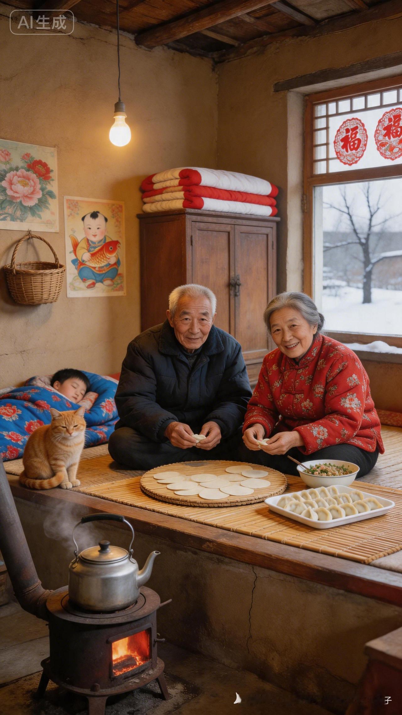 温馨家庭时光：奶奶和爷爷一起包饺子，猫咪陪伴，温暖如春。