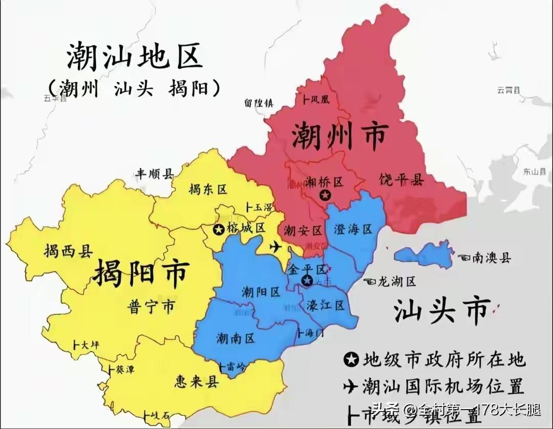 潮汕地区地图上看，汕头、揭阳、潮州三市都有海岸线，汕头市同时占据了韩江、榕江、练