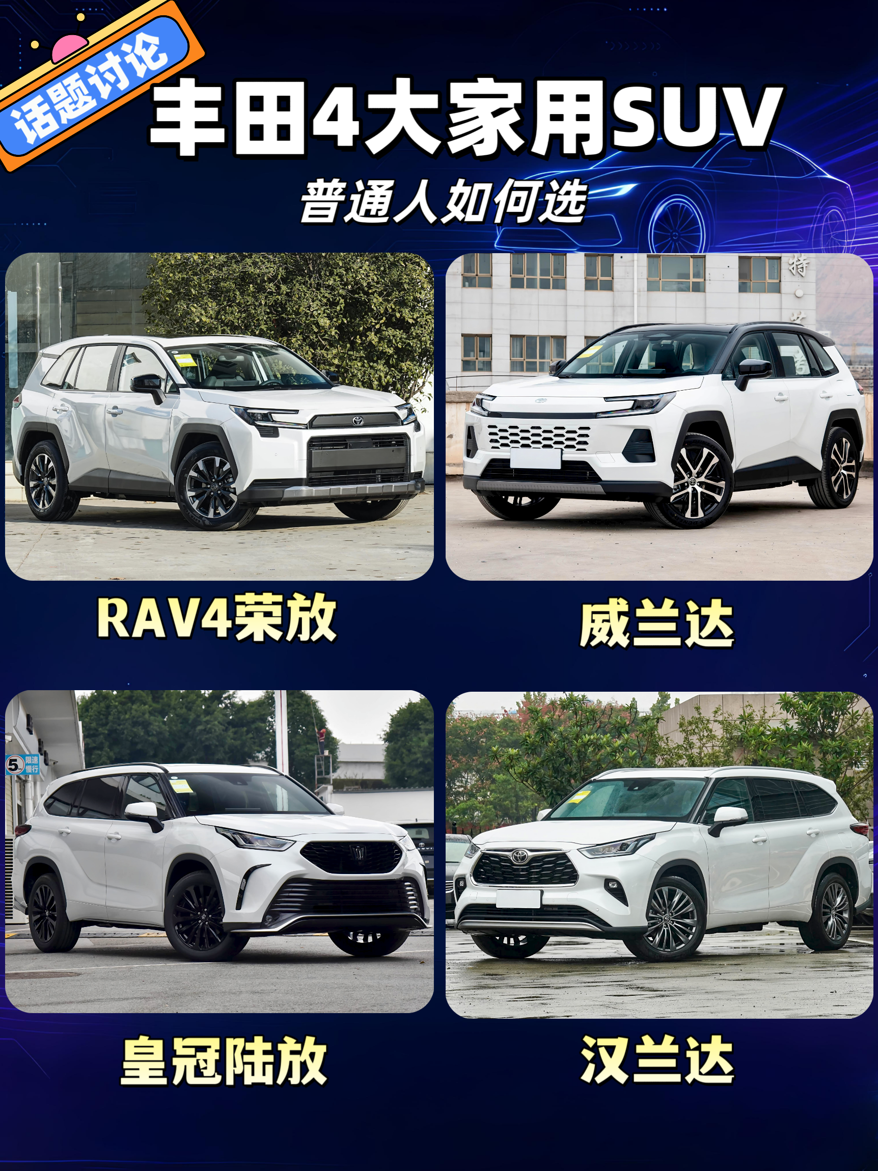 丰田4大家用SUV普通人如何选？丰田4大家用SUV，RAV4荣放，威兰达，皇冠陆放，汉兰达，如何选择