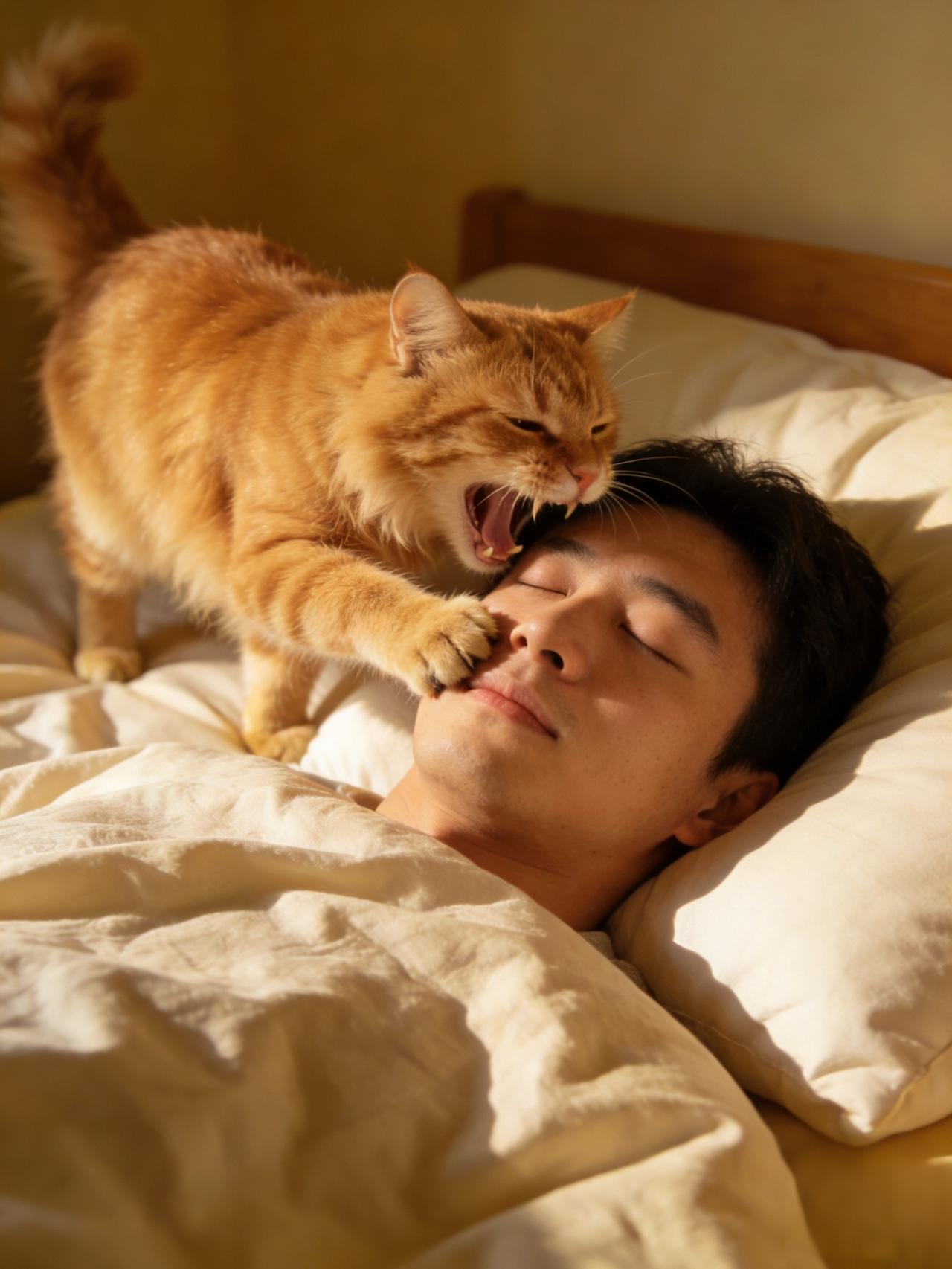 《我家猫咪的“叫醒服务”》我家橘猫每天早上7点准会跳上床头，用毛茸茸的脑袋蹭