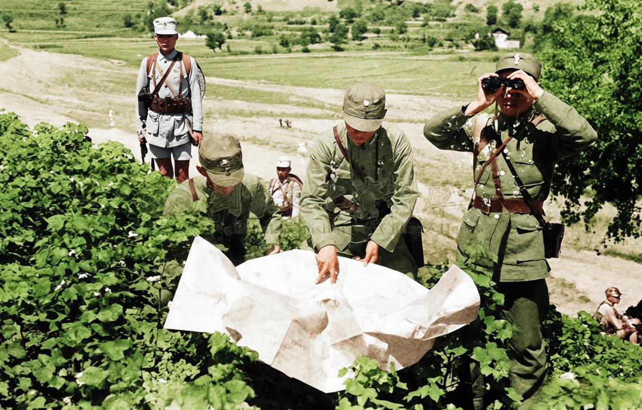 这张照片定格了抗战时期国军将领在前线的指挥瞬间，几位身着制式军装的军官，隐在山野