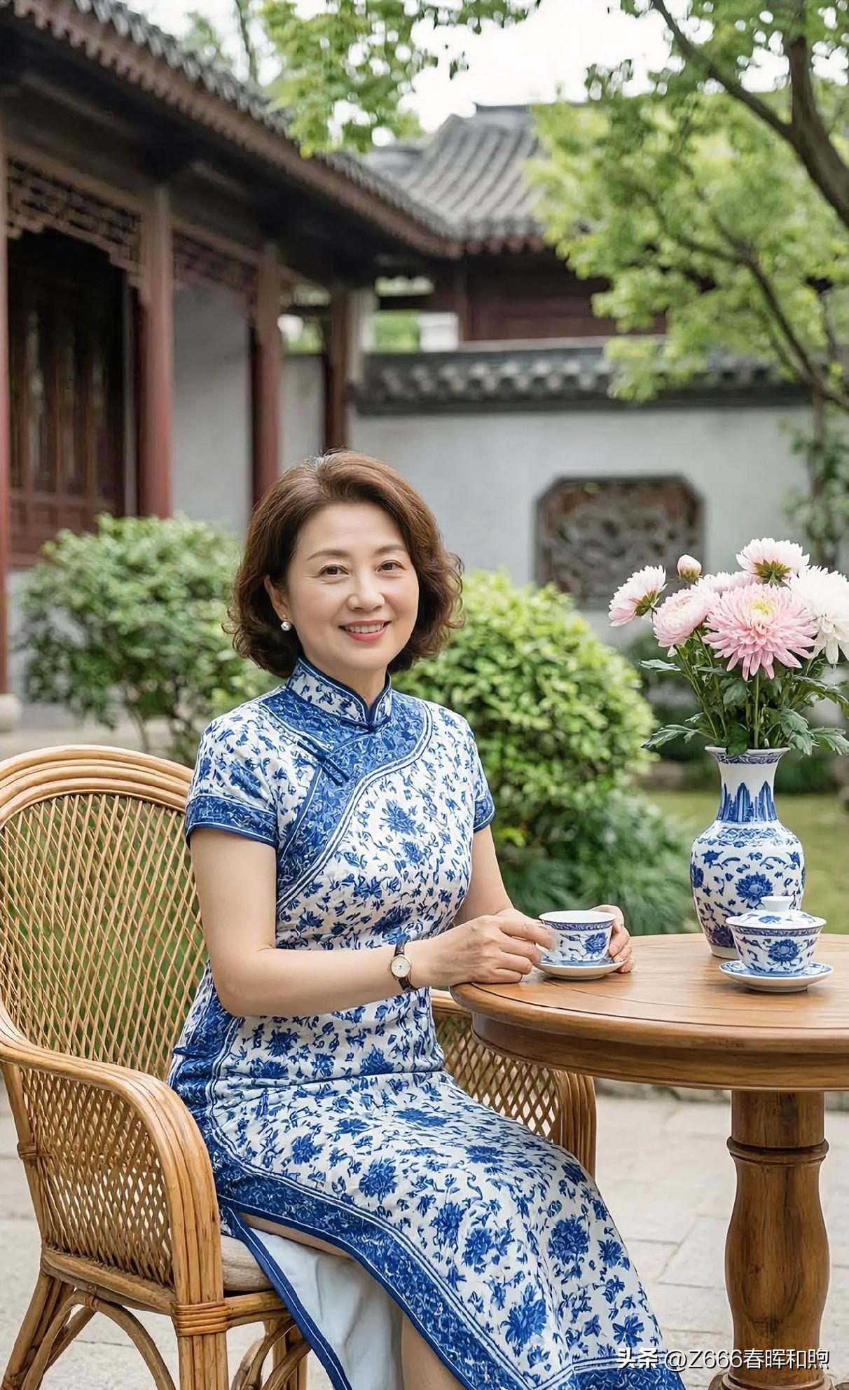 青花入画，锦簇成诗。藤椅轻倚庭院深深，执盏品茗间，温婉笑靥与瓷韵菊芳交融，尽显岁