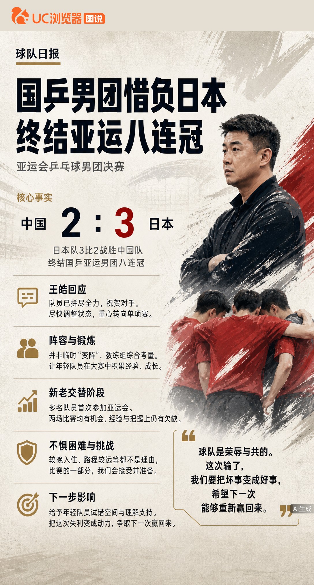 国乒男团丢冠，王皓回应：阵容非临时变阵，是为让年轻队员感受大赛残酷。他说失利是成长一部分，住宿远不是