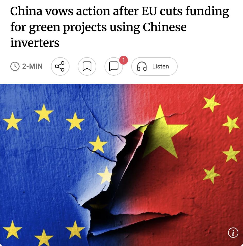 外媒：中国强烈反对欧盟限制中国逆变器，警告将采取反制措施欧盟委员会近日宣布，