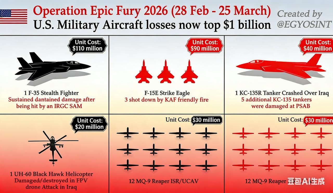 美国空军在伊朗损失23架飞行器，其中4架战斗机7架加油机，总价约3.2亿美元，损