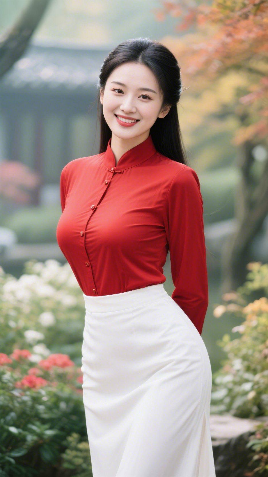 红衣映秋，眉目生暖风裹桂香漫过园隅，她静立其中，笑意温煦。朱红立领衬着舒展